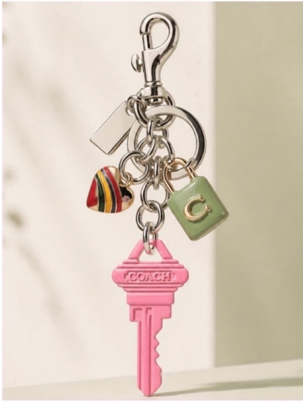 COACH Pink Key Charm Bag Keychain with Multicolor Heart and Green Tag